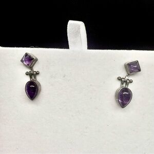 Vintage 925 Sterling Silver Square Teardrop Purple Amethyst Post Dangle Earrings